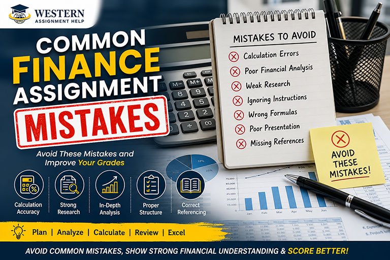 Common Finance Assignment Mistakes guide showing calculation errors weak research financial analysis mistakes and assignment writing tips