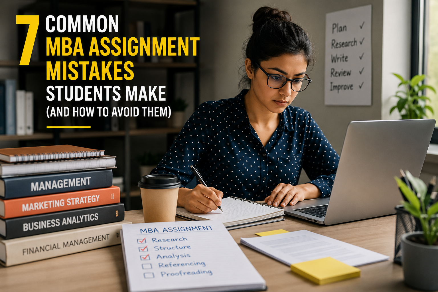 MBA student working on an assignment and avoiding common MBA assignment mistakes